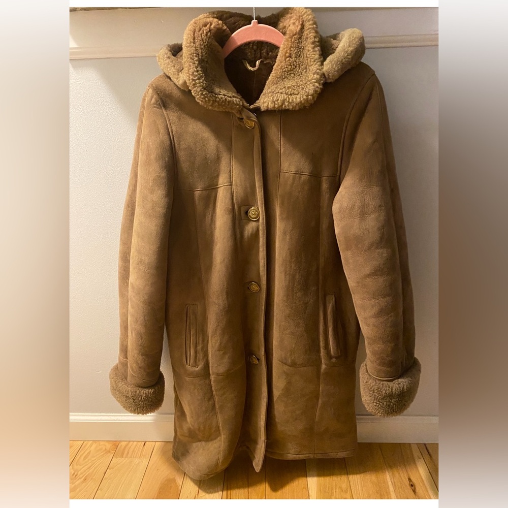 Women  Genuine Soft Brown Leather Toscana Coat With Hoodie Size M